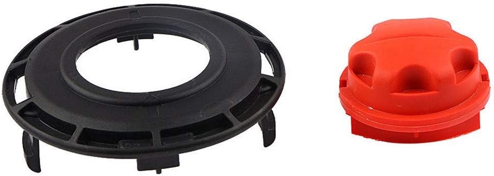 Disassembled Yamart String Trimmer Auto Head components, showing the black base and the separate red cap.