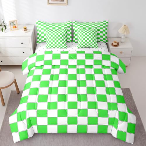 Image of Erosebridal Checkered Full Bedding Set Lime Green Grid Plaid Comforter Set with Sheets 7 Piece Geometric Gingham Bed in A Bag for Kids Boys Teen Men Bedroom-Soft Lightweight for All Season
