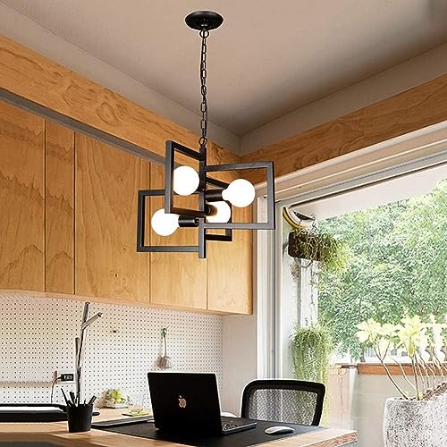 BLOOHK Lámpara colgante geométrica industrial, moderna lámpara colgante de cubo de metal, estilo rústico con cadena ajustable, lámpara de techo rústica negra para comedor, sala de estar, cocina y entr