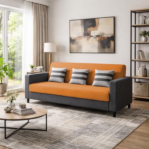 Image of Casaliving Amara 3 Seater Sofa Set for Living Room (Black Orange Colour Fabric) Premium Fabric Sofa