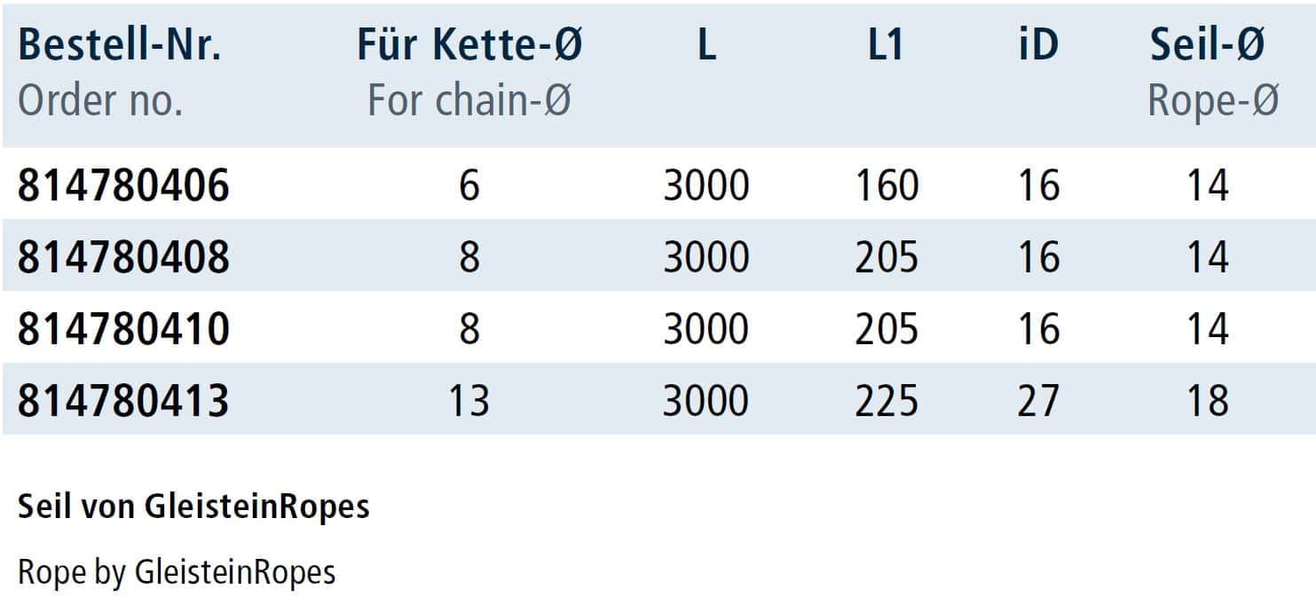 Edelstahl Kettenkralle für 8mm Kette, 205mm, Seillänge 3m