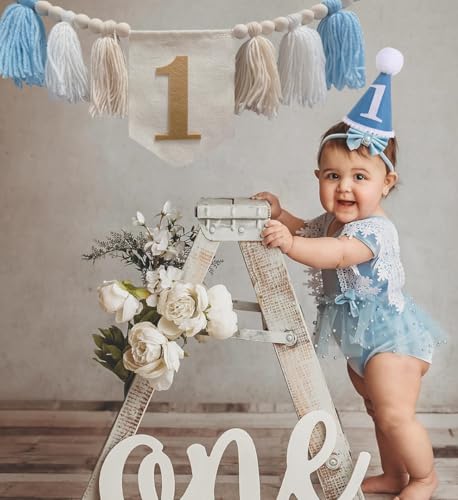 Image of First Birthday Party Decorations Blue Highchair Wood Bead Tassel Garland 1st Birthday Crown Cake Topper