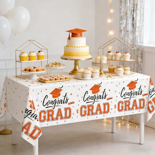 Image of Oigco Graduation Decorations Class of 2026, 2 Pack Orange Graduation Tablecloths, Congrats Grad Plastic Table Cloths for Graduation Party Decorations, 54 x 108 Inch
