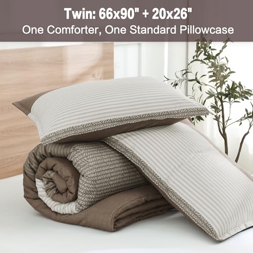 Litanika Comforter Set Twin/Twin XL Coffee - 2 Pieces Lightweight Colorblock Stripe Fluffy Bedding Comforter Sets, All Season Bed Set