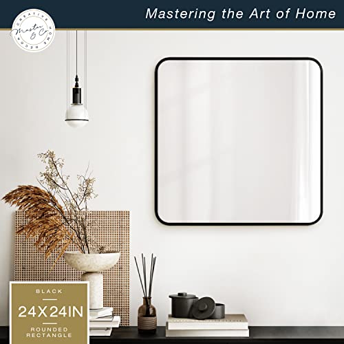 Image of MCS Master & Co. Modern Metal Large Wall Mirror, Minimalist Home Decor Square Mirror with Rounded Corners for Living Room, Bedroom, or Bathroom, Black, 24 x 24 in