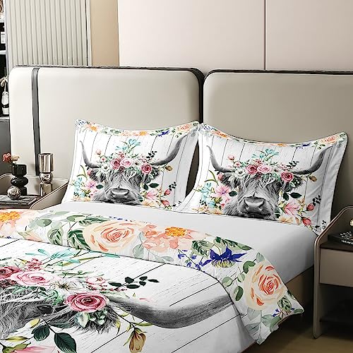 Loussiesd Highland Cow Flower 100% Cotton Duvet Cover Bull Cattle Bedding 100% Cotton Set Decor Western Funny Animal Wildlife Farmhouse Cow White Wooden Quilt Cover Room 3Pcs Double Size Zipper - Image 4