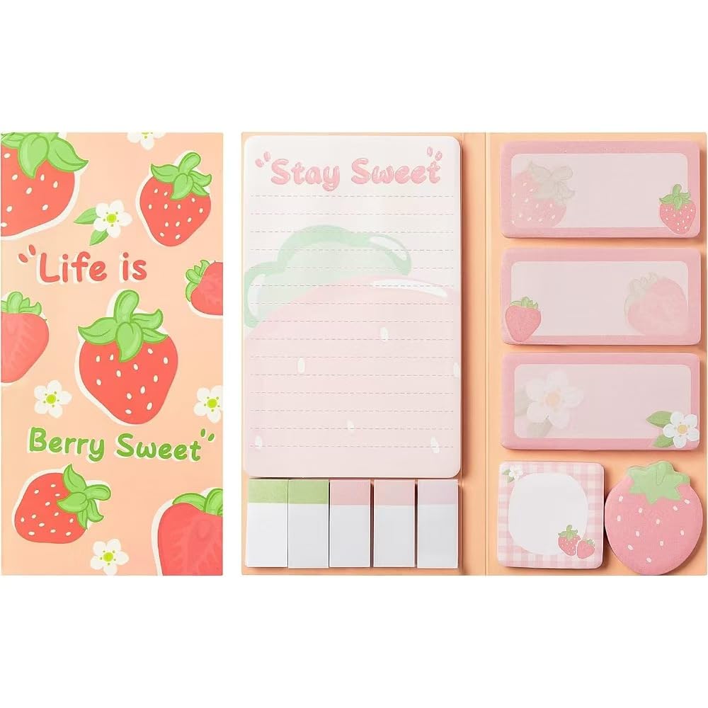 Strawberries Sticky Notes Set, 550 Sheets,Cute Cartoon Dog Post It Notes with 3 Point Pens, Self-Adhesive Writing Memo Pages Back to School Office Supplies