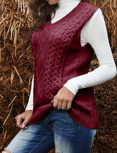 Image of Women's Sweater Vest,Long Cable Loose Knitted Sleeveless V Neck Casual Sweaters Tank Top S~XL