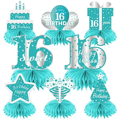 Déco table 16e anniversaire bleu sarcelle : centre de table en nid d'abeille pour fête de fille