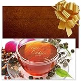 GESCHENKGUTSCHEINcom - 50 Blanko Gutscheine mit Umschlag & Schleife - Formulare mit Vordruck für Tee Teehaus Teegeschäft Teehandel FK17022-50-V1