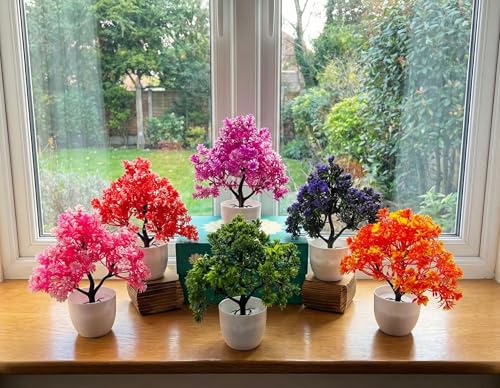 Image of Dekorly Artificial Flower Plants Set of 6 with Pots | Vibrant Color Faux Flower Bonsai for Home Office Table Desk Shelf Decoration (Height : 18CM, Round Pot, Multi-B)