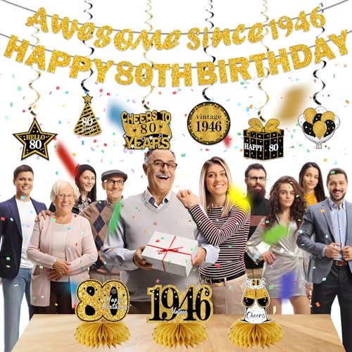 Image of Kuxriox 11Pcs 80th Birthday Decorations Kit for Men Women, Black Gold Happy 80th Birthday Banner, Awesome Since 1946 Centerpieces Swirls Party Supplies, Eighty Bday Banner Ceiling Table Topper Sign