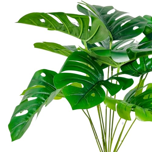 Image of Dekorly Artificial Palm Plants Leaves Faux Turtle Leaf Fake Monstera Tropical Large Palm Tree Leaves Outdoor UV Imitation Leaf Decorations (Red Pot Monstera)