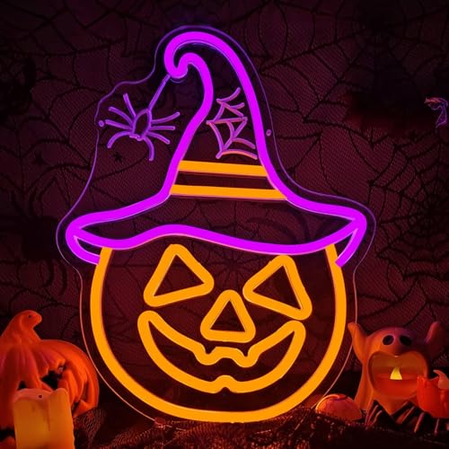 Image of Halloween Neon Sign Pumpkin Neon Sign for Wall Decor Witch Hat Halloween Pumpkin Neon Light Halloween Decorations Spider Led Neon Light Up Sign for Halloween Party Window Porch