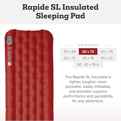Image of Big Agnes Rapide SL - Insulated Sleeping Pad, Ultralight, All Season Compact Backpacking and Hiking, Pumphouse Sack Included, Orange, 20x72 Regular