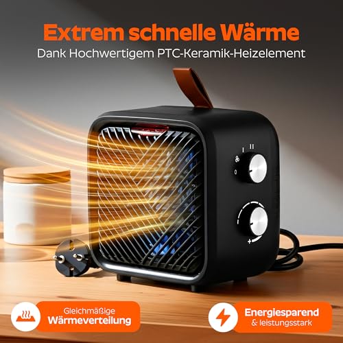 3 in 1 Keramik Elektro Heizlüfter – Elektroheizung klein & leiser Heizungslüfter mit Thermostat (1000/1500 W + 4 W Ventilator), energiesparender elektrischer Heizer/Heizgebläse für Innenräume – Bild 6
