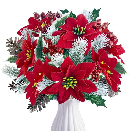 ROLLWAY 4 Stück Künstlicher Weihnachtsstern Tannenzweige Künstlich...