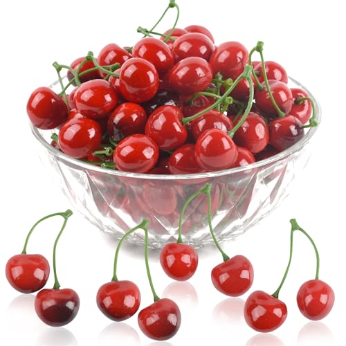 LUEYAO Artificial Cherry Fruit Fake Cherries Red Simulation Red Black Cherries Artificial Cherry Decorations Fake Fruit Model Home House Kitchen Party Decoration 60 PCS