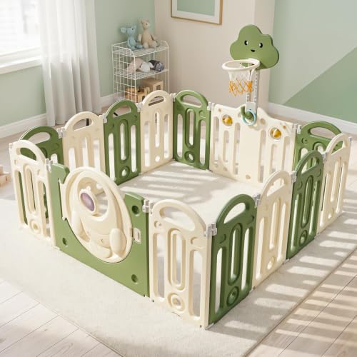 Image of Baybee Kids Playpen for Babies | Foldable Baby Play Area Indoor Setup with Basket Ball Hoop, Safety Door Lock & Double Knob | Outdoor Play Pen for Baby for 0 - 5 Years Boys Girls | Baby Activity Playards with Kids Customized Shapes (Green-14 Panels)