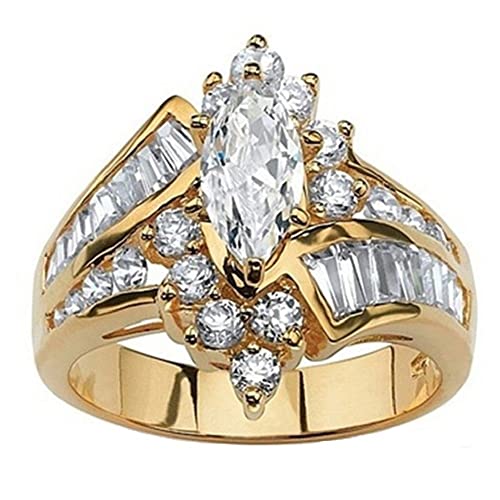 Yellow Gold-Plated Brilliant Marquise Shaped and Baguette Simulated Diamond Cubic Zirconia Bypass Engagement Wedding Band Ring (US Size 9)