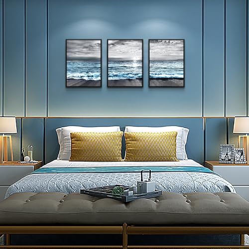 Black Framed Canvas Wall Art For Living Room & Bedroom Decor - Black And White Beach Wall Painting - Blue Ocean Sea Wave Pictures - Modern Office Posters - Home Decor Set of 3