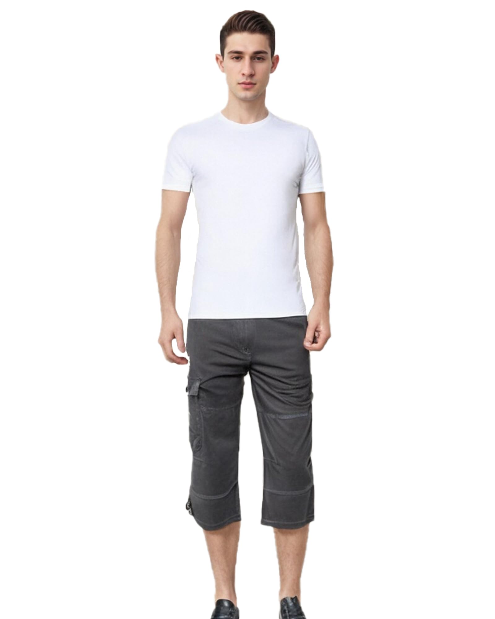 Shorts Cargo Homme Été 3/4 Pantalon Hommes en Coton Léger Court avec Multi-Poches Taille Elastique(Pas De Ceinture)