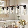 VONLUCE Dining Room Light Fixture Over Table, 5-Light Kitchen Island Lighting with Glass Shade and Adjustable Rods, Farmhouse Linear Chandelier Pendant Light for Kitchen Living Room, Matte Black