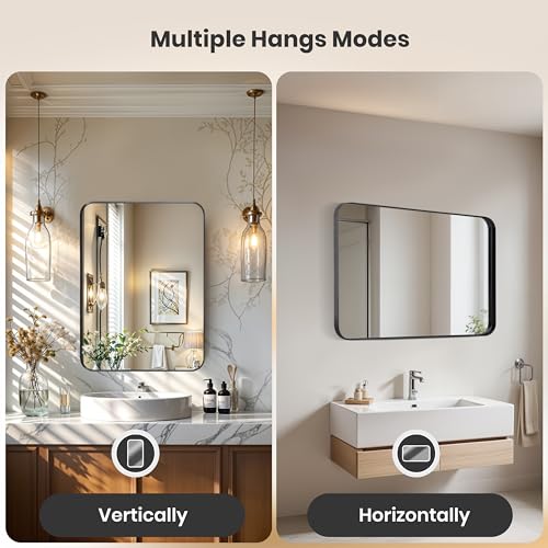 Image of Simple Deluxe Bathroom Mirrors, Black Metal Framed Bedroom Mirror, 22 inch x 30 inch Rounded Rectangle Mirror, Anti-Rust Modern Decorative for Restroom, Farmhouse, Horizontally or Vertically Hanging