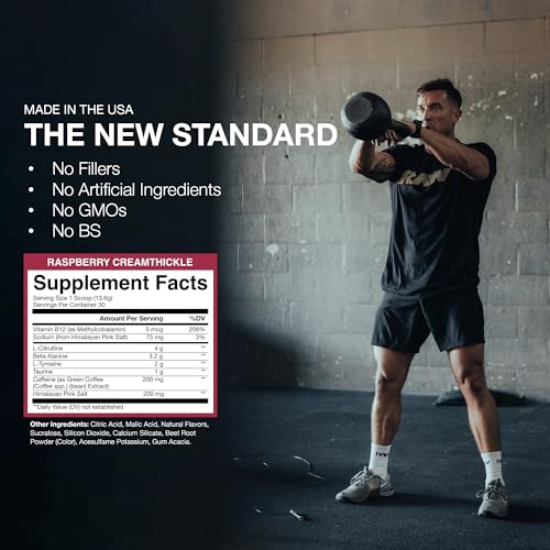 Image of RAW Essential Pre-Workout Powder (Rasberry Creamthickle) - Chris Bumstead Sports Supplement for Men & Women - Preworkout Energy Powder with Caffeine, L-Citrulline, L-Tyrosine, & Beta Alanine Blend