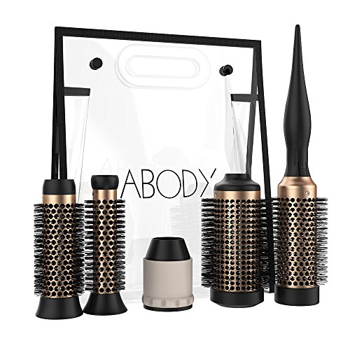 Abody Hair Brush Set Ceramic Detachable Hairbrush Aluminum Round Brush 4 Size Barrels & 1 Handle Nylon Pins DIY Hairstyle Tool for Hair Drying, Styling, Curling with Bag