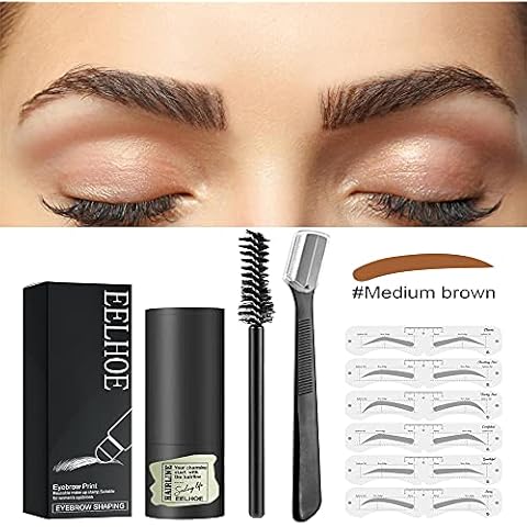 SLZZ One Step Eyebrow Stamp Stencil Shaping Kit - Professional Eyebrow Stamp Makeup with 12 Reusable Eyebrow Stencils 1 Eyebrow Brushes Razor,Long Lasting Eyebrow Makeup-Moderate Brown Cover