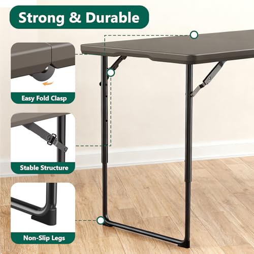Folding Table, 4FT Foldable Picnic Table with Carrying Handle, Heavy Duty Fold-in-Half Portable Table for Weddings, Camping, RV Travel, Parties, BBQs, and Indoor Use, Easy to Fold and Store, Khaki - Image 5