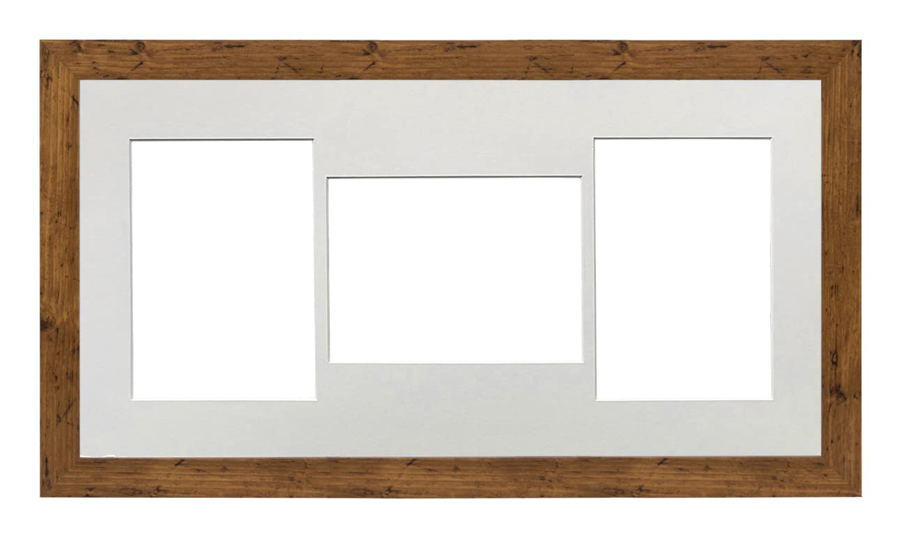 Walnut Frame 20x10' Multi Aperture Picture Frame with White Mount to fit (3x) 7x5' Photos with Perspex Sheet - Wall Mountable Landscape or Portrait