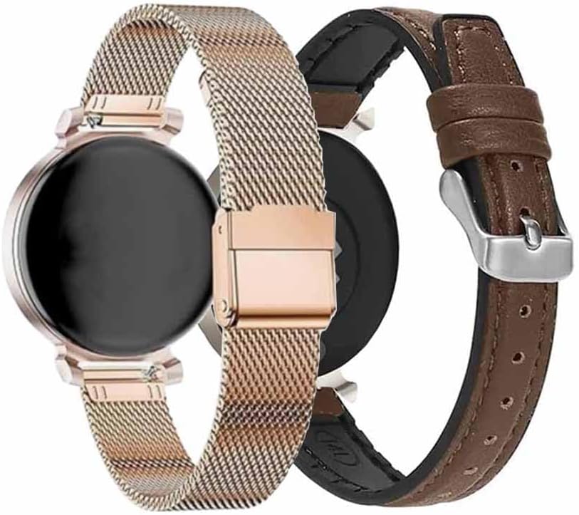 Band for Garmin Lily 2 Smart Watch, Mesh Stainless Steel + Soft Genuine Leather Silicone Watchband Strap for Garmin Lily 2/Lily 2 Active Replacement