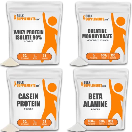 BULKSUPPLEMENTS.COM Whey Protein Isolate Powder 1KG, with Creatine Monohydrate Powder (Micronized Creatine) 500G, Casein Protein Powder 1KG & Beta Alanine Powder 500G Bundle