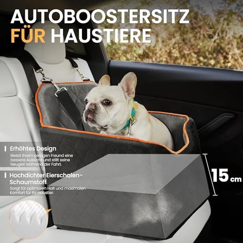 HiPetpy Hunde Autositz –Autositz mit Decke & dickem Kissen für kleine Hunde bis 14 kg/30 lb, Erhöhtes Design mit Sicherheitsleine, rutschfestes Hundebett fürs Auto mit Aufbewahrungstaschen (Grau)