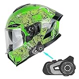 1Storm Motorcycle Full Face Helmet Dual Lens/Sun Visor Ghost Green + Martian BlueT-S2 Motorcycle Bluetooth Headset