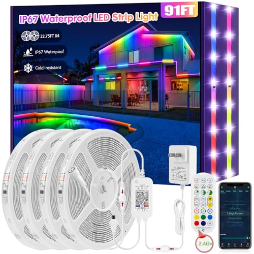 Image of RGB+IC LED Strip Lights Outdoor, 100FT Waterproof IP67 Smart LED Light Strip with App Control and RF Remote, Music Sync, Outside Rope Lights for Patio, Eaves, Party Decor
