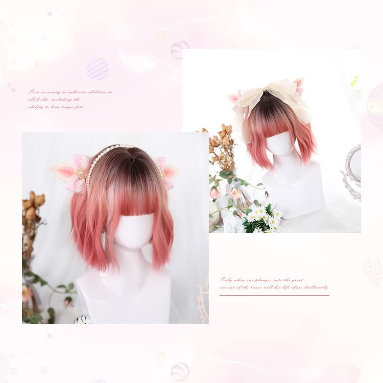 Ombre Pink Lolita Wig Natural Wavy Black Rooted Mixed Pastel Rose Pink Wigs Synthetic Heat Resistant Curly Hair for Women