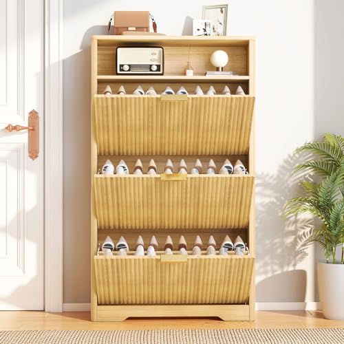 Image of Rovibek Shoe Storage Cabinet, Shoe Organizer for Entryway with 3 Flip Drawers, Mid-Century Wood Fluted Shoe Cabinet, Hidden Shoe Storage for Entryway with Rounded Corner Design,Natural