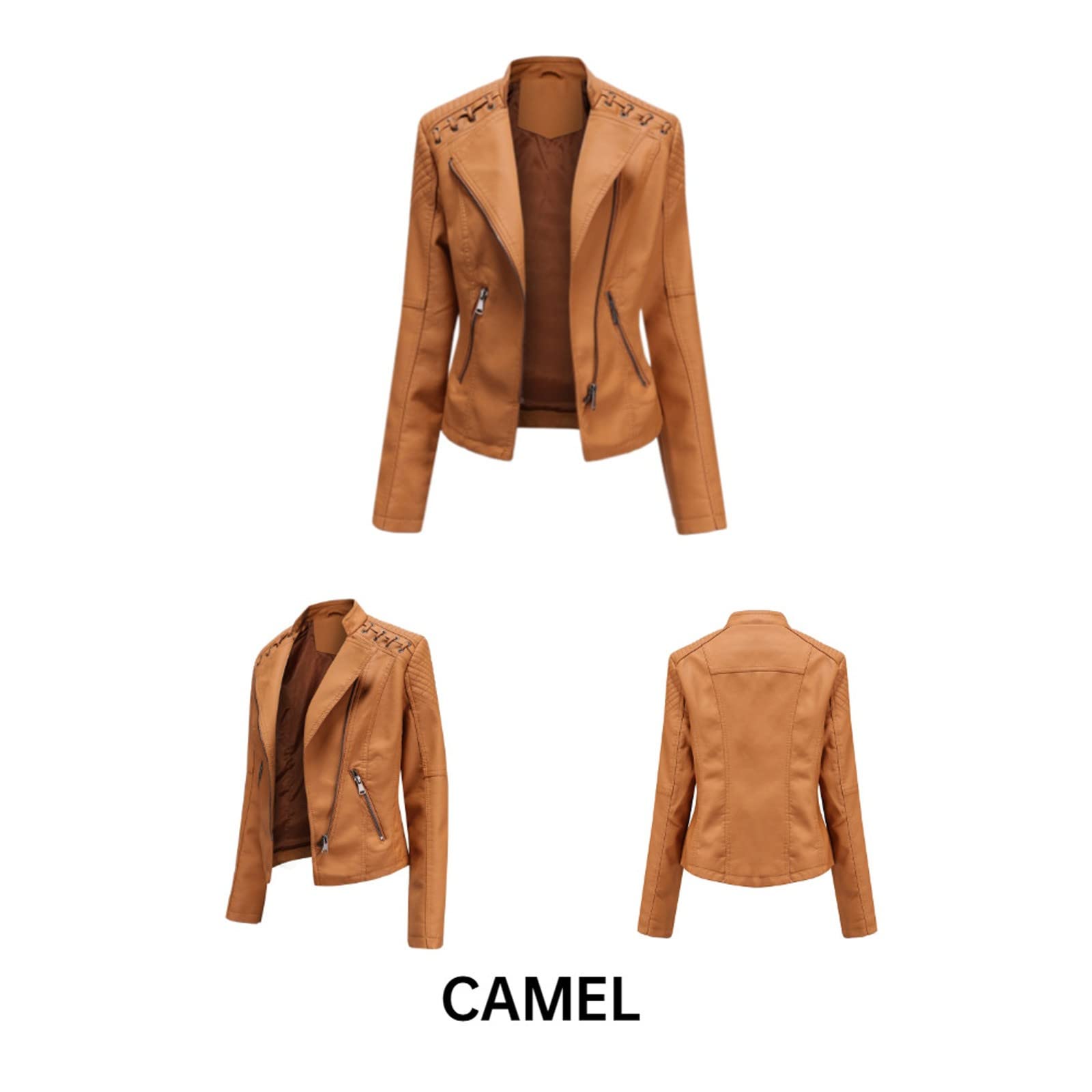 Generisch Damen Lederjacke Schlank Kurz Kunstleder Kapuze Jacket Reißverschluss Motorrad Jacke für Frühling und Herbst Bomberjacke Damen Winter Lederjacke Damen Braun Echtleder Retro