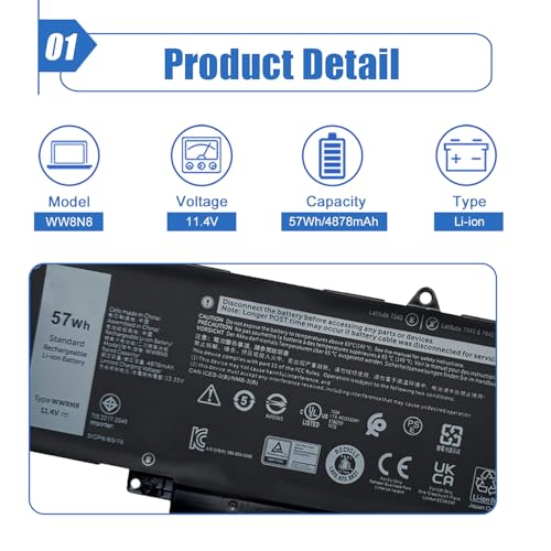 Image of 57Wh WW8N8 Laptop Battery Replace for Dell Latitude 7340 7350 7440 7450 7640 7650 Series 66DWX 86D0Y FH97R 0HYH8 0CTJJ6 11.4V 4878mAh