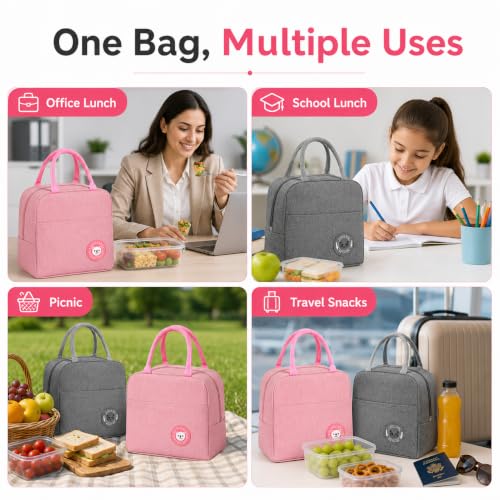 Image of Milton Lunch Bag Set of 2 with Insulated Interior, Reusable Food Carrier for Office School College and Daily Commute, Lightweight Design with Spacious Storage, (Pink,Grey