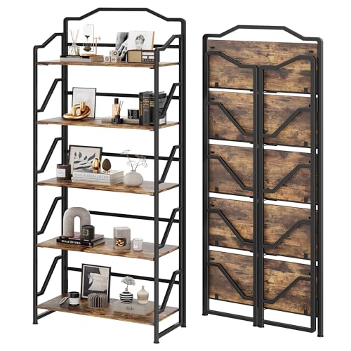 JSB 5 Tier No Assembly Folding Bookshelf, Foldable Storage Bookcase for Home Office, Space-Saving Storage Shelf for Living Room, Bedroom (Rustic Brown, 5-Tier)