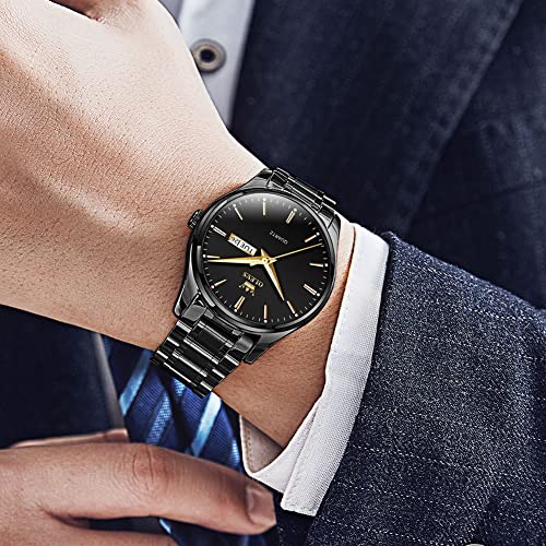 Image of Men's Casual Stainless Steel Watch, Big Face Easy to Read Analog Quartz Watch with Day and Date, Classic Waterproof Diamond Roman Arabic Numerals Dial Dress Watch for Men, Gold Silver Black Band