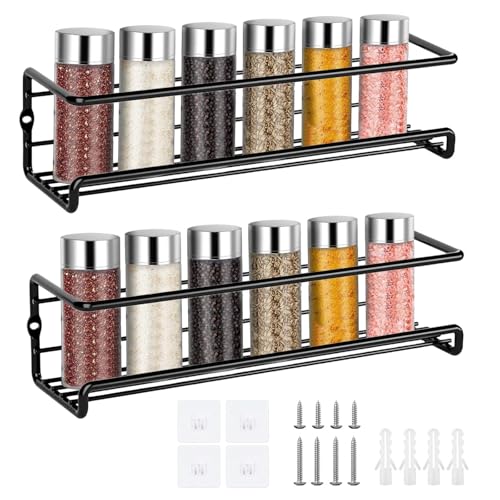 Dulynva Lot de 2 Rangement Epices Cuisine Etagere a Epices Murale Metal avec Autocollants et Vis Étagères à Épices Murale Porte epice Sans Percage support...