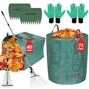 Adjustable Garden Leaf Rake Set, 68 Inch Rake for Leaves with 72 Gallon Leaf Bags Scoops 40 Gallon Dustpan-Type Leaf Bags, Wide Heavy Duty Metal 15 Tines Rakes for Gardening Lawns Yard Outdoor Camping