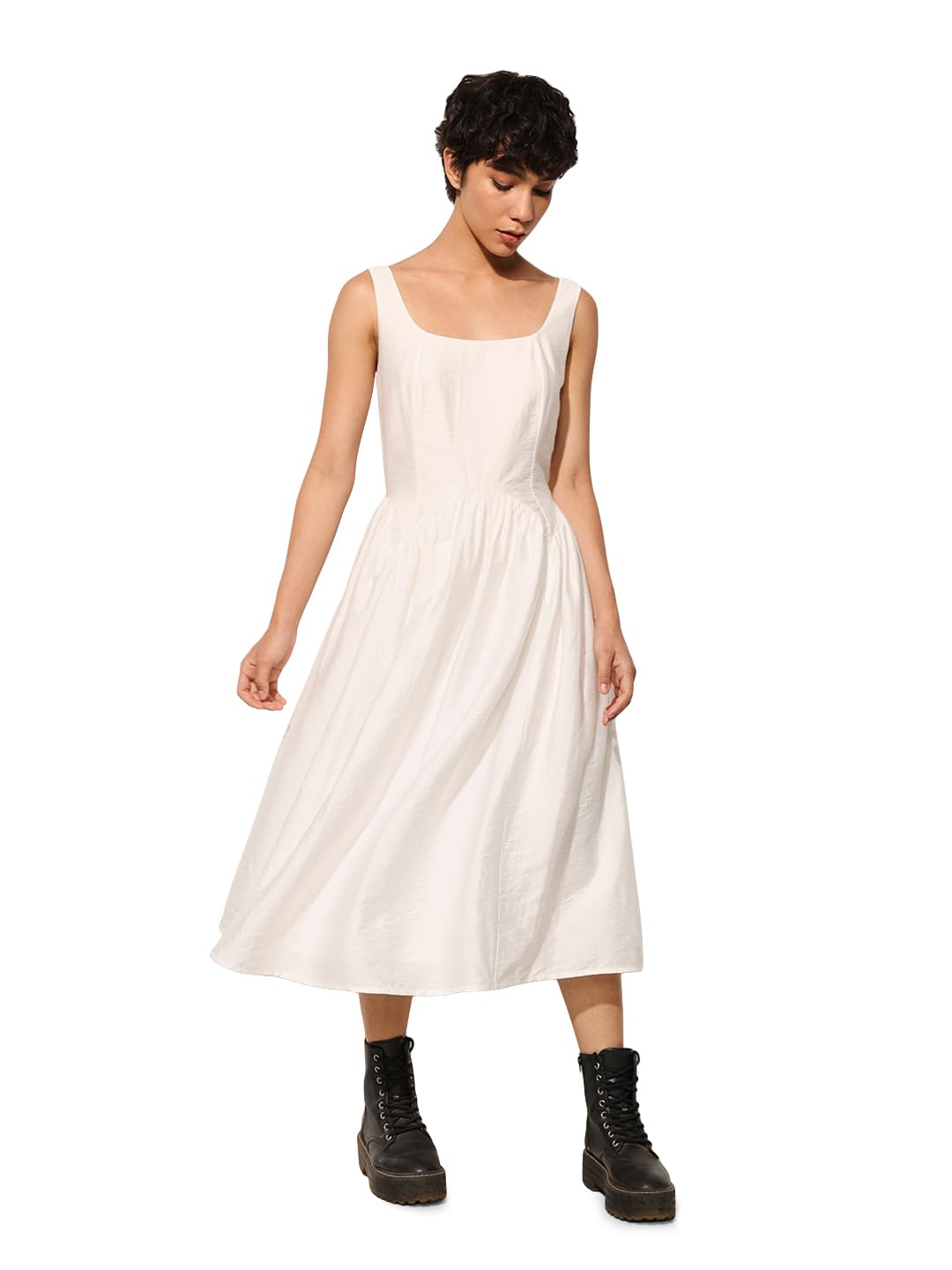 ONLY Women's Solid White Square Neck Fit & Flare Midi Dress in white