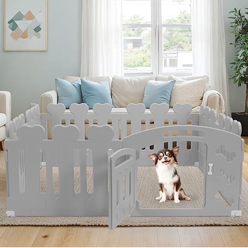 MAMIZO Welpenauslauf 60cm Hoch, Laufstall Hund 7+1 PCS Platten, Plastik Welpenlaufstall, Faltbare Hundegitter, Hundezaun mit Tor, Inkl. Saugnäpfe & Erdanker, Hundekäfig für Zuhause und Outdoor, Grau