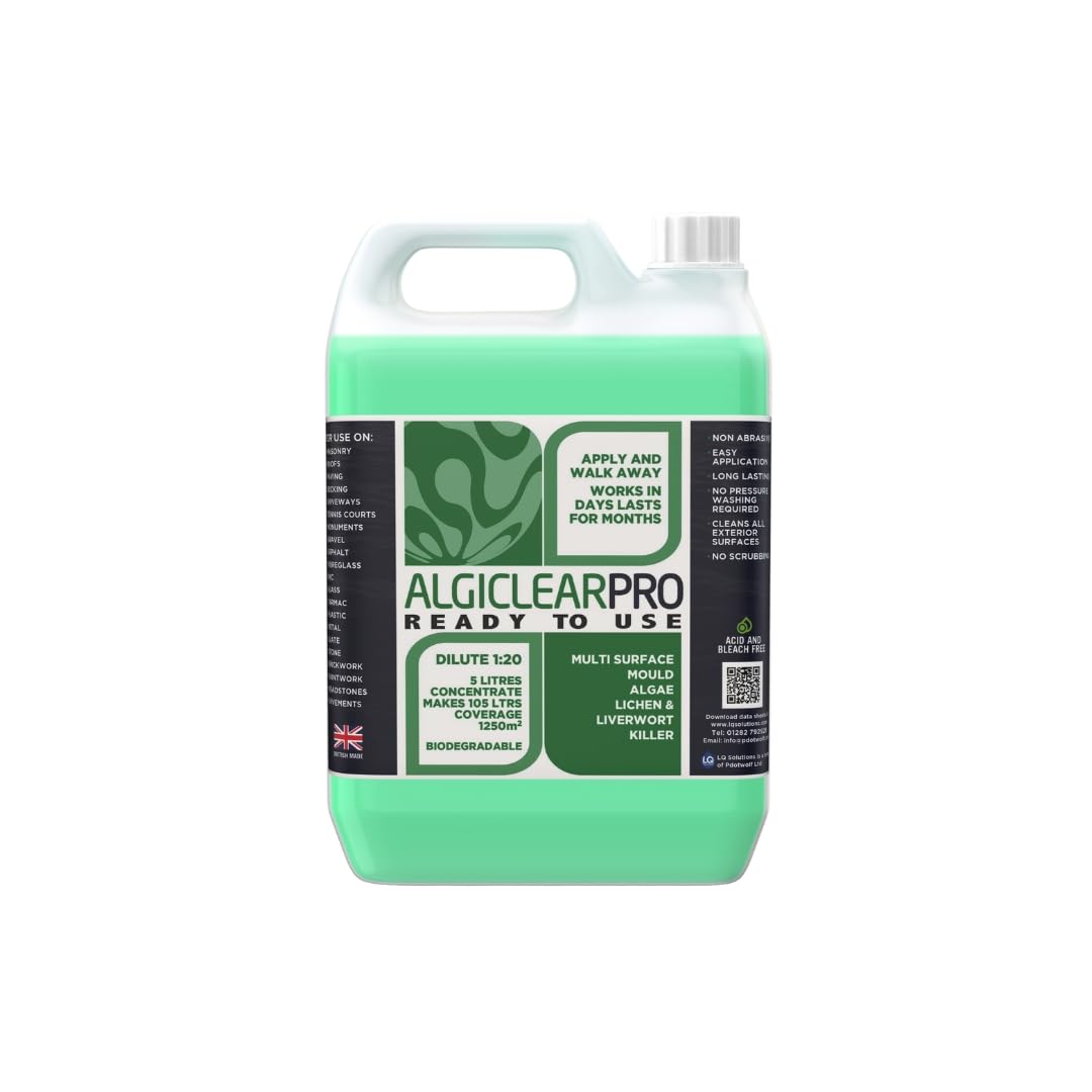Algiclear Pro Ready to Use - Green Algae, Liverwort & Mould Remover for Large Outdoor Spaces – Cleans & Brightens Fences, Roof Tiles, Solar Panels, Concrete, Tarmac & Bricks up to 60 m² - 5 Litres